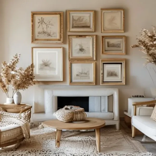 Interior de casa aconchegante com quadros dispostos de forma harmoniosa.