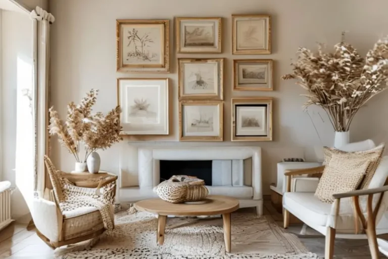 Interior de casa aconchegante com quadros dispostos de forma harmoniosa.