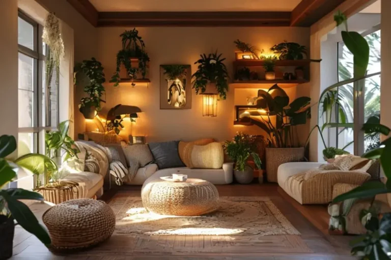 Decoração de lar tranquila e acolhedora com elementos estilizados.