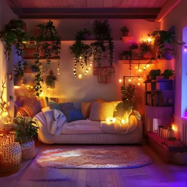 Ambiente de casa acolhedor com decoração colorida e plantas.