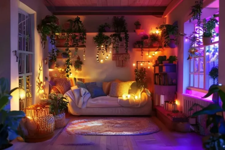 Ambiente de casa acolhedor com decoração colorida e plantas.