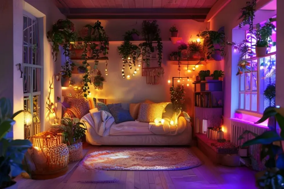 Ambiente de casa acolhedor com decoração colorida e plantas.