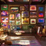 Espaço interior acolhedor decorado com quadros e posters.