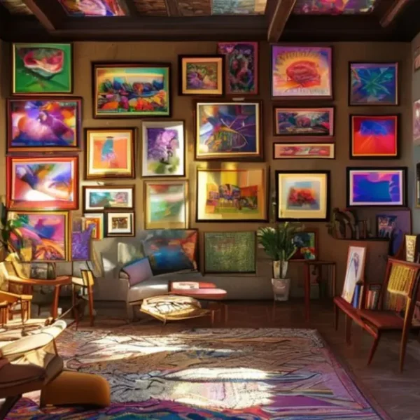 Espaço interior acolhedor decorado com quadros e posters.