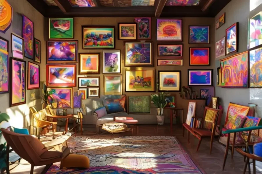 Espaço interior acolhedor decorado com quadros e posters.