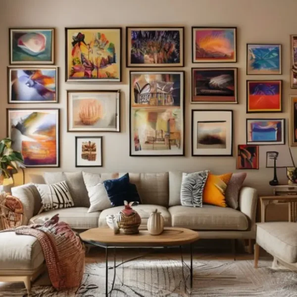 Ambiente convidativo com misturas criativas de quadros e posters decorativos.