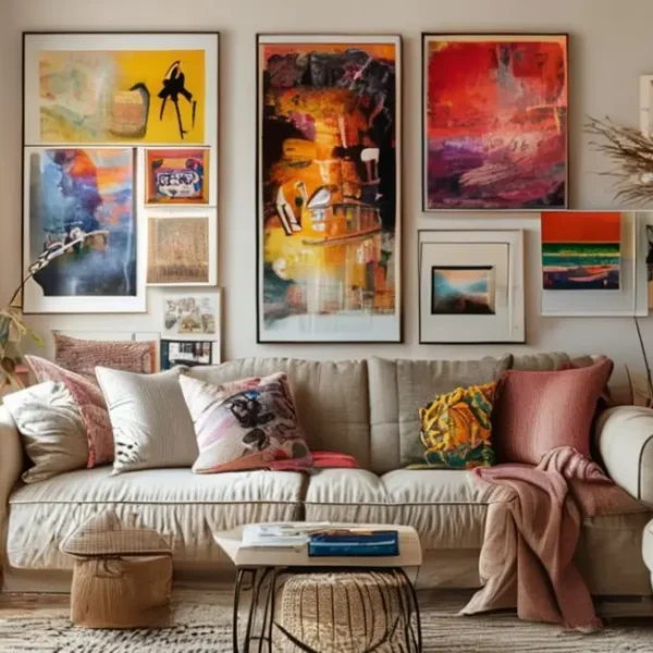 Sala de estar decorada com quadros e posters acolhedores.