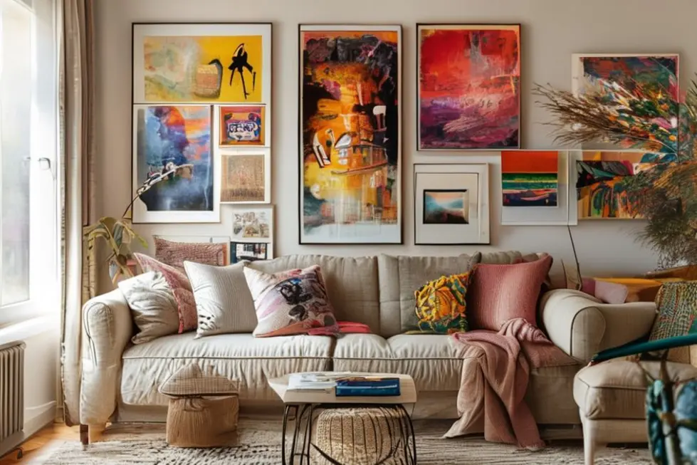 Sala de estar decorada com quadros e posters acolhedores.