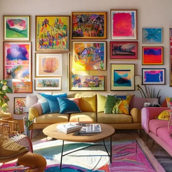 Espaço de estar brilhante com quadros e posters coloridos.