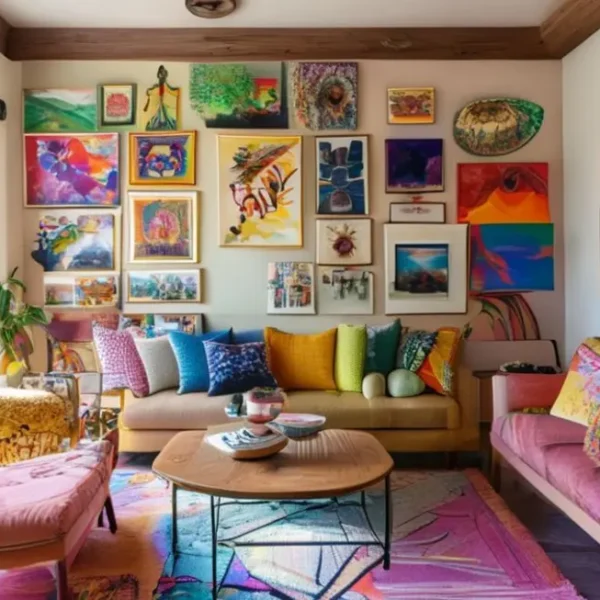 Espaço de vida decorado com várias peças de arte.