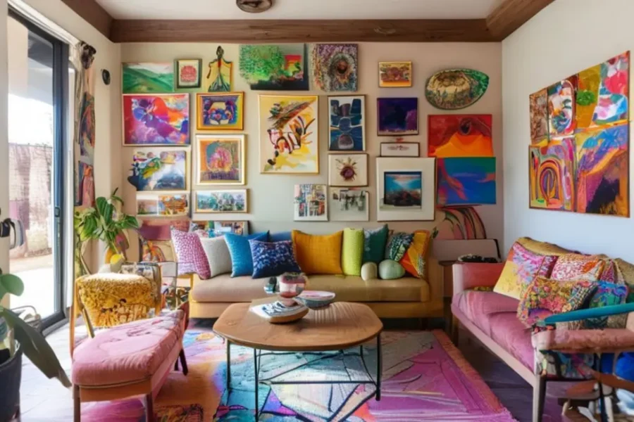 Espaço de vida decorado com várias peças de arte.