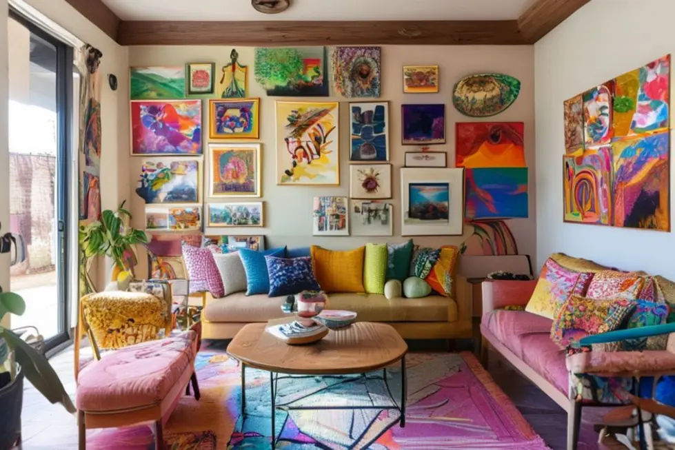 Espaço de vida decorado com várias peças de arte.