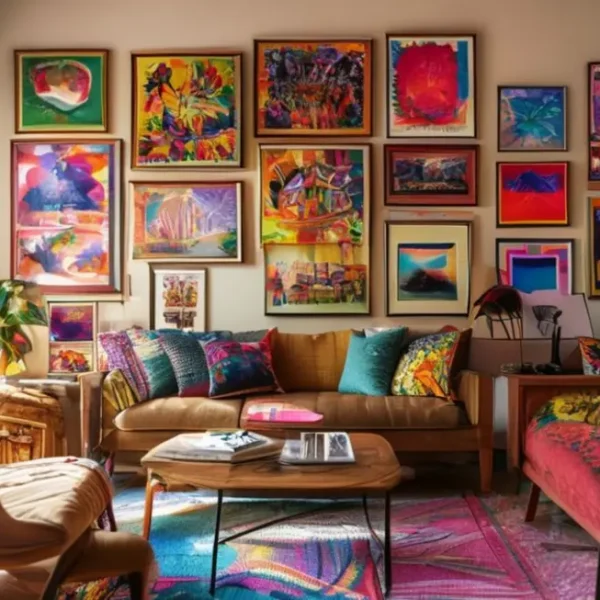 Um espaço de vida acolhedor com quadros e posters coloridos na parede.