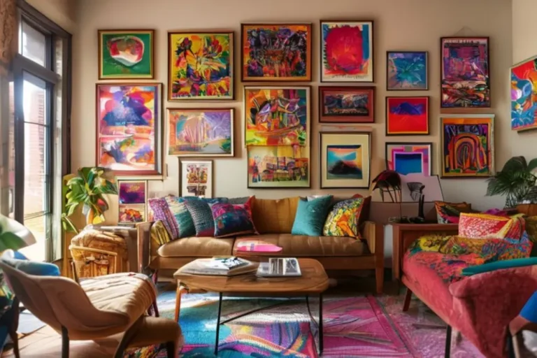 Um espaço de vida acolhedor com quadros e posters coloridos na parede.