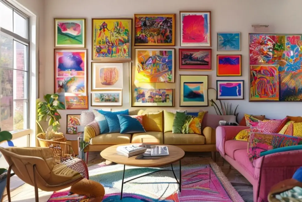 Espaço de estar brilhante com quadros e posters coloridos.