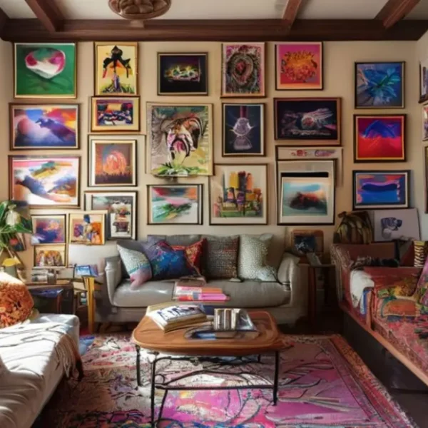 Um quarto decorado mostrando uma variedade de quadros que refletem um estilo artístico.