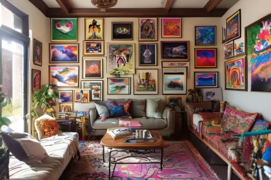 Um quarto decorado mostrando uma variedade de quadros que refletem um estilo artístico.