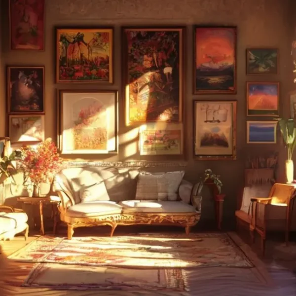 Sala decorada de forma acolhedora com arte nas paredes.