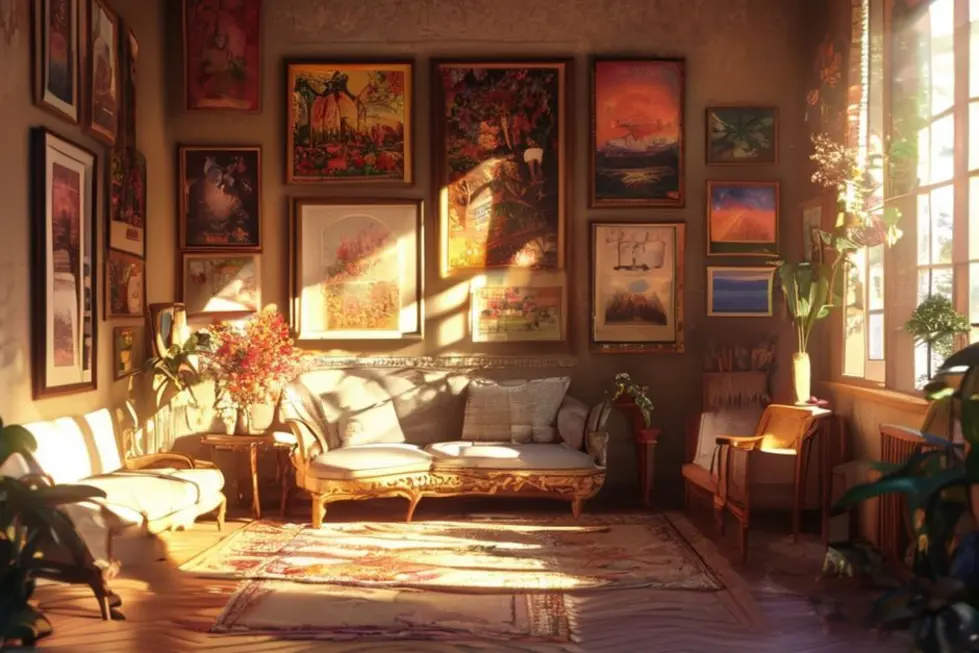 Sala decorada de forma acolhedora com arte nas paredes.