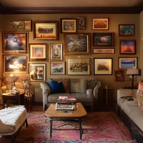 Sala decorada com arte que traz aconchego e personalidade ao espaço.