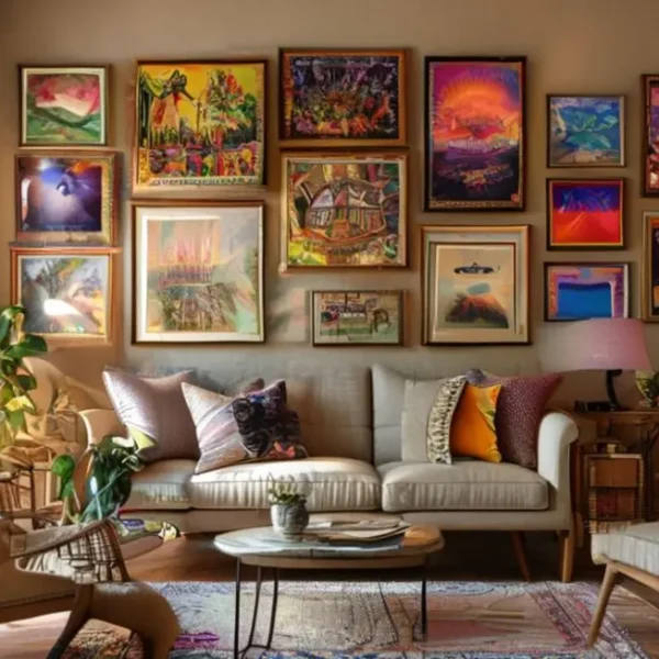 Um lar acolhedor decorado com quadros e posters