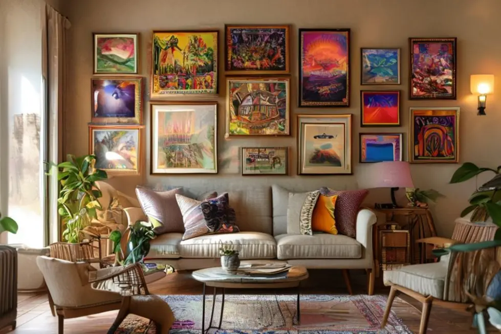 Um lar acolhedor decorado com quadros e posters