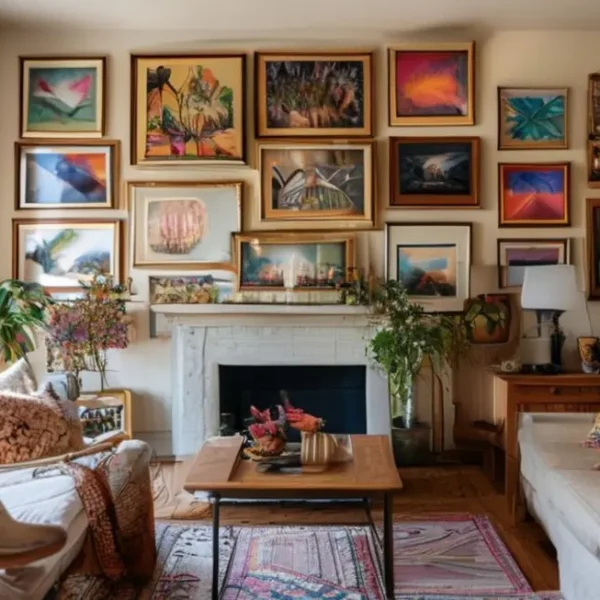 Interior de casa convidativa com quadros artísticos nas paredes.