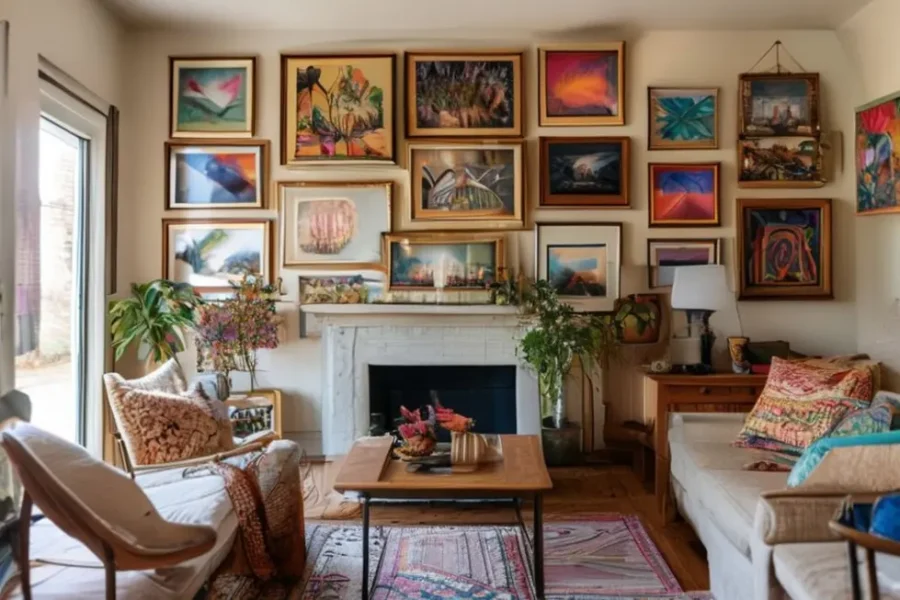 Interior de casa convidativa com quadros artísticos nas paredes.
