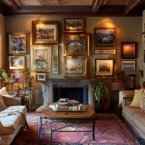 Interior de casa bem decorado com quadros variados.