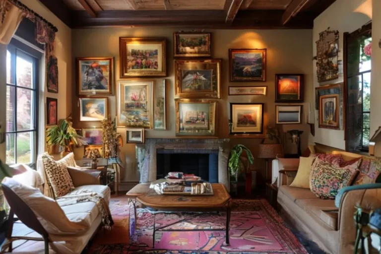 Interior de casa bem decorado com quadros variados.