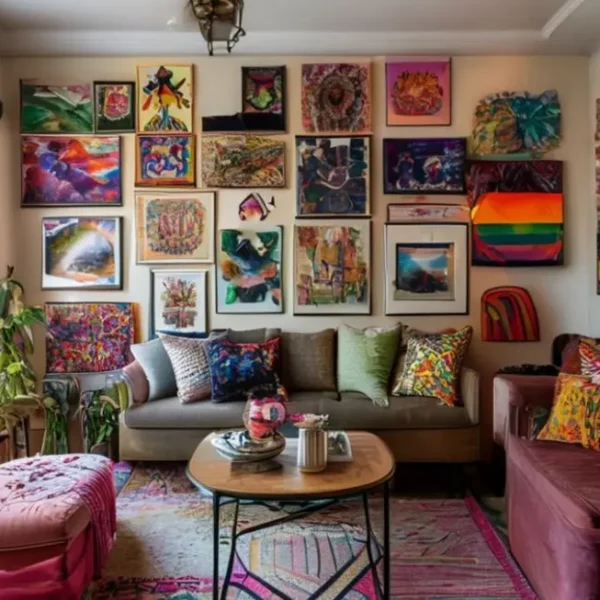 Canto decorado da sala com diversas artes na parede.