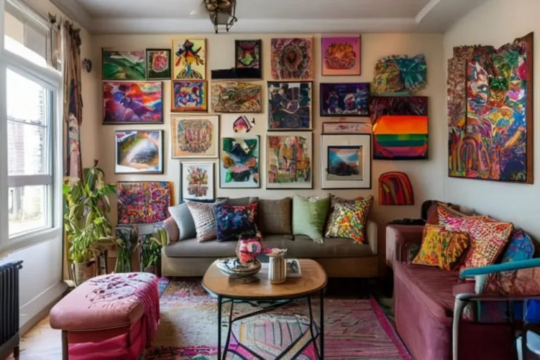 Canto decorado da sala com diversas artes na parede.