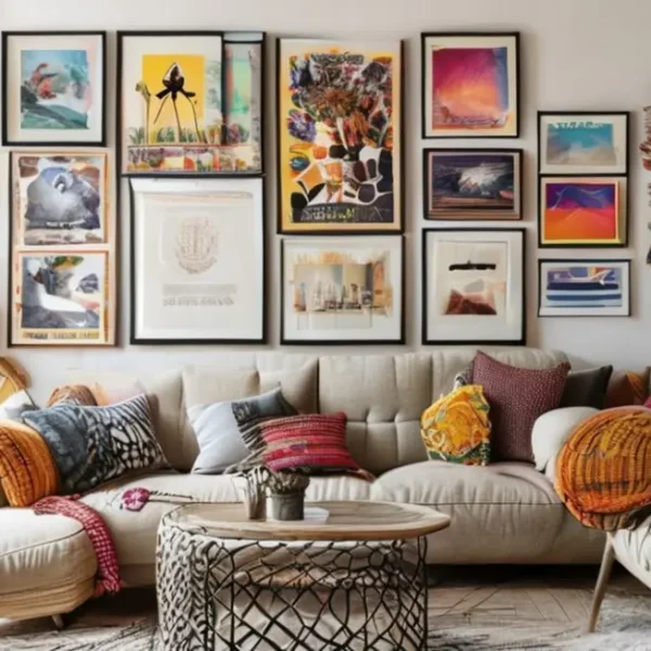 Sala acolhedora com quadros e posters pendurados.