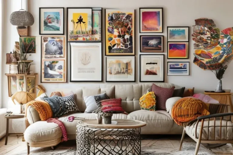 Sala acolhedora com quadros e posters pendurados.