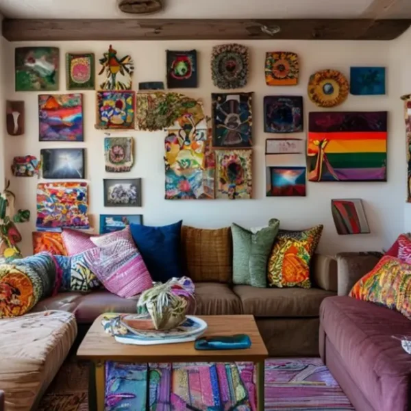 Um espaço aconchegante com extensa decoração artística acessível, mostrando um lar cheio de vida.