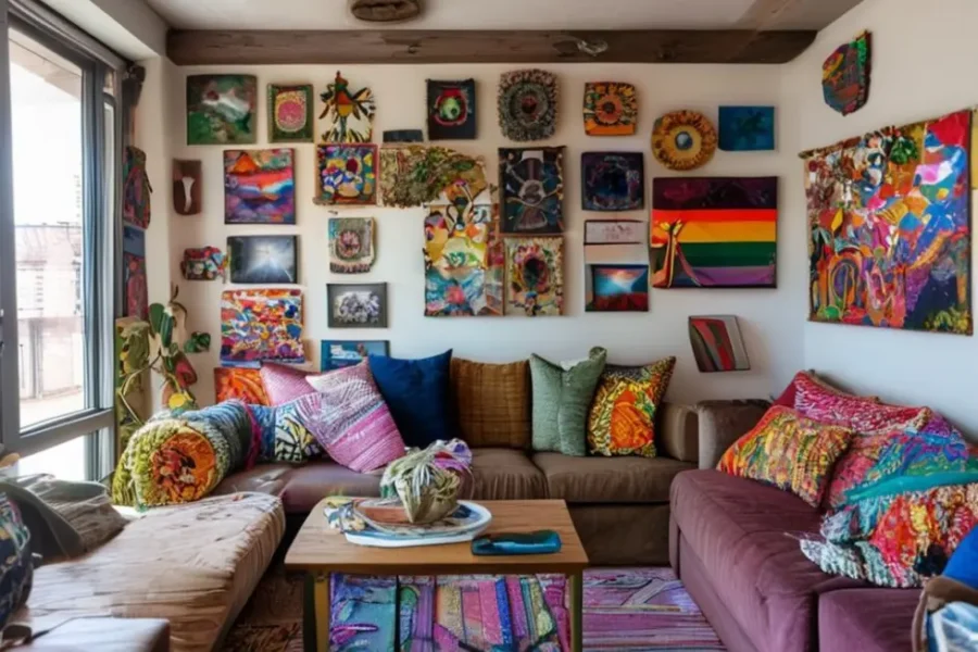 Um espaço aconchegante com extensa decoração artística acessível, mostrando um lar cheio de vida.