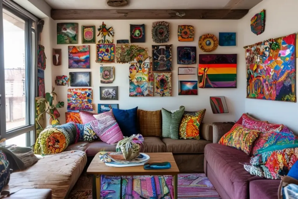 Um espaço aconchegante com extensa decoração artística acessível, mostrando um lar cheio de vida.