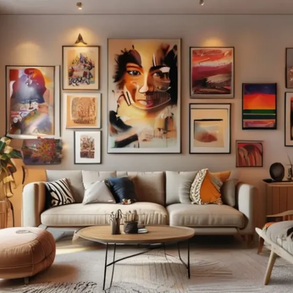 Ambiente moderno com quadros e posters decorativos.