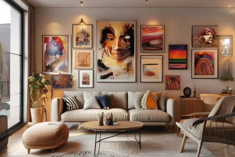 Ambiente moderno com quadros e posters decorativos.