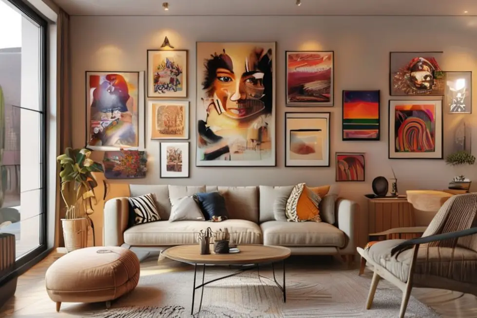 Ambiente moderno com quadros e posters decorativos.