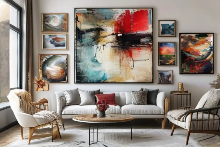 Sala estilosa com quadros decorativos e arte moderna.