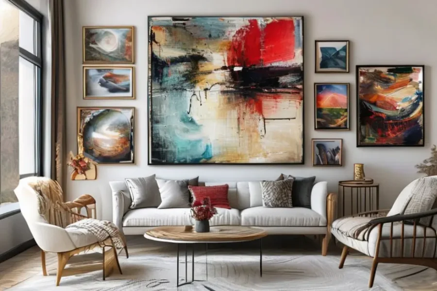 Sala estilosa com quadros decorativos e arte moderna.