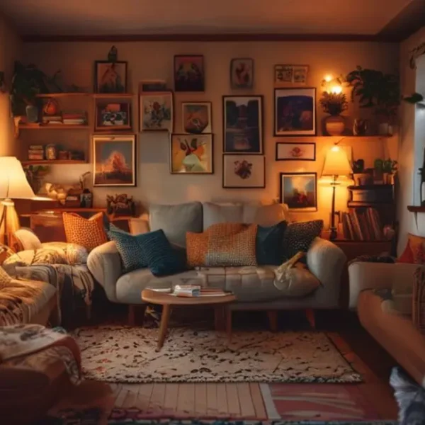 Sala de estar aconchegante e decorada com arte pessoal.