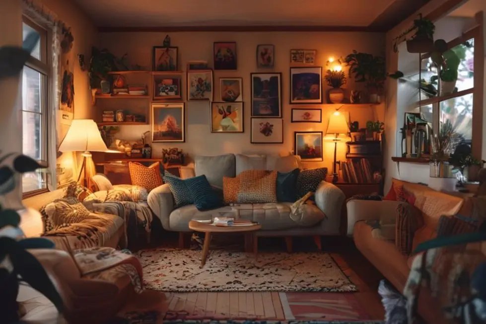 Sala de estar aconchegante e decorada com arte pessoal.