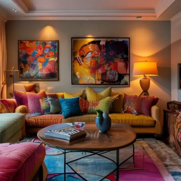 Sala de estar decorada com elegância e criatividade, misturando elementos modernos e vintage.