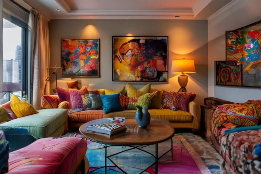 Sala de estar decorada com elegância e criatividade, misturando elementos modernos e vintage.