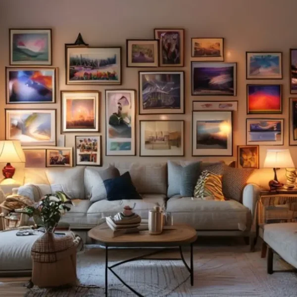 Uma sala acolhedora decorada com posters e quadros artísticos.