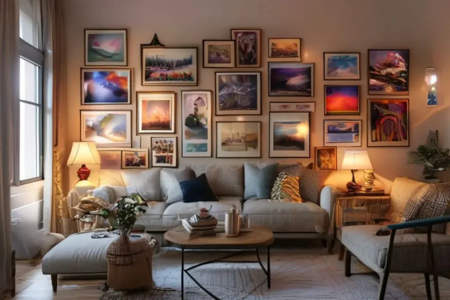 Uma sala acolhedora decorada com posters e quadros artísticos.