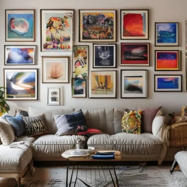 Sala de estar decorada com uma coleção de quadros e posters artísticos.