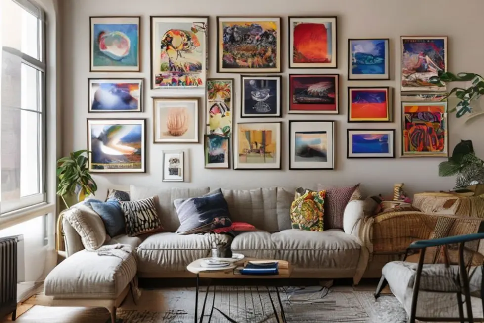 Sala de estar decorada com uma coleção de quadros e posters artísticos.